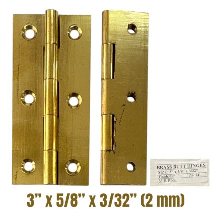 Brass Butt Hinges 3" x 5/8" x 3/32 (2 mm) Brass Pin (White Box)